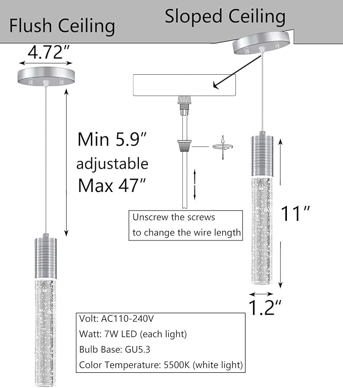 HAIXIANG Set of 2 Pendant Lights for Kitchen Island, White Light, Silver Crystal Linear Pendant Lighting, Bar Corner LED Light Fixture