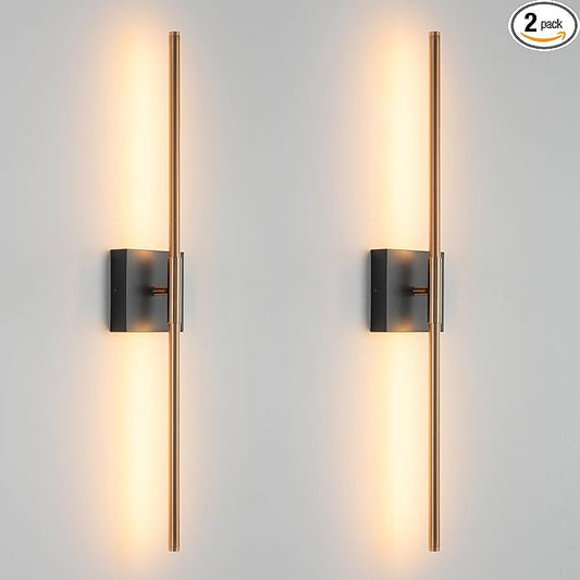 KUZZULL Modern Light Fixture Set of Two 27.8x4.3x3.4in Black and Brass Gold Sconces 1200Lm LED Wall Lights for Bathroom, Living Room, Corridor