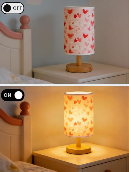 Boho Kids Table Lamp for Bedroom Girls Bedside Lamps,3-Way Dimmable Wood Base Nightstand Night Light with Pink Heart Pattern Lampshade for Living Bedroom Kids Room Office or Home Decor,Gifts for Woman