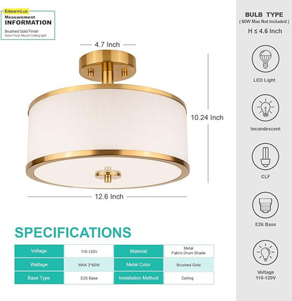 Edwarmlux 3-Light Semi Flush Mount Ceiling Light Fixture, 12.6" Gold Drum Light with White Fabric Shade, Modern Close to Ceiling Light for Living Room Bedroom Dining Room Kitchen Hallway Entry Foyer