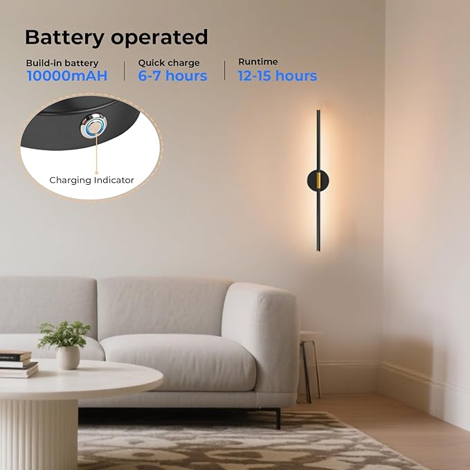 GvvooHome 28" Battery Operated Wall Sconce, 360°Rotation Wireless Rechargeable Wall Lights with Remote Control, 3000K-6500K LED Detachable Wall Lamp for Bedroom, Hallway, Background Wall, Black Gold