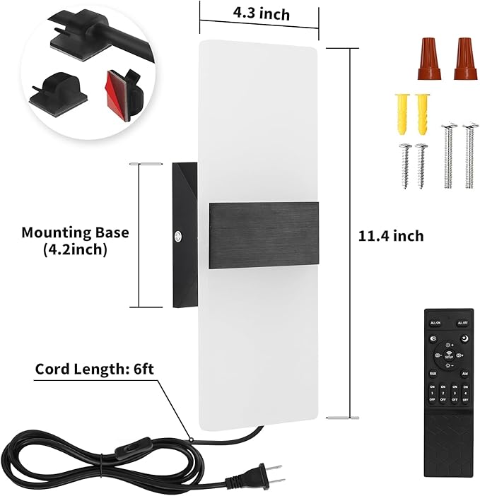 GOODATE 4 Pack Plug in Wall Sconces with Remote Control, Dimmable, Adjustable 3000K-6500K Colors, Black 12W Acrylic LED Plug in Wall Light, Wall Lamps for Bedroom Living Room Hallway Stair
