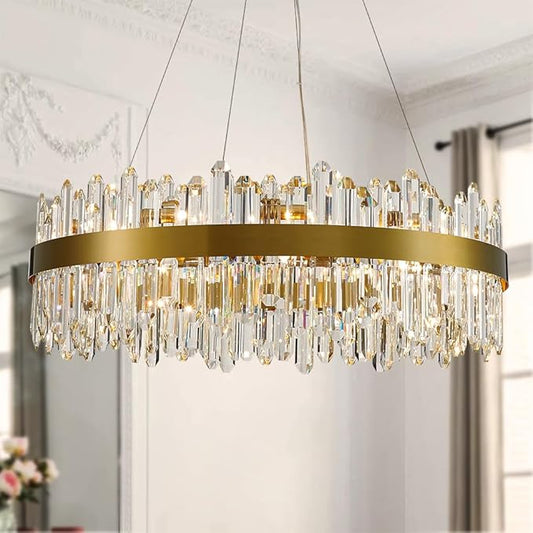 Gold Modern Oval Crystal Chandelier, 24-Lights Luxury Chandeliers Modern 2-Tiers K9 Crystal Chandelier Pendant, Light Fixture G9 Lights for Dining Living Room Entryway Kitchen Dia 30 inch