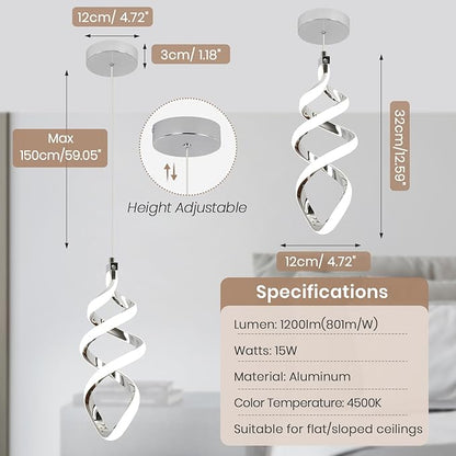 Modern Led Pendant Light Fixture, 15W Chrome Spiral Led Chandelier Hanging Lamp, 4500K Daylight White Pendant Lamp, Adjustable Height Pendant Light for Dining Room Bedroom Kitchen Island Cafe(2 Pack)