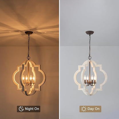 22" Oak Distressed White Chandeliers for Dining Room Farmhouse Wood Pendant Lights Kitchen Island 4-Light Orb Lantern Cage Ceiling Hanging Light Over Table for Entryway Foyer Living Room Bedroom