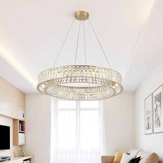 Modern Crystal Chandelier Round 16-Light Contemporary Hanging Ceiling Light Fixture Copper/Brass Finish with Rectangular Crystals Dining Room Living Room Bedroom Entryway Lighting Easy Install 31.5''