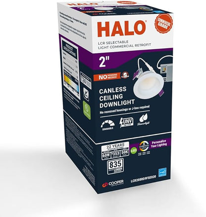 HALO LCR 2 in Regressed Canless LED Downlight, 10W, Indoor Outdoor, Dimmable, 6 Selectable Color Temperature, 800 Lumens, Wet Location, IC Rated, Matte White Shower Ceiling Light - LCR208RD9FSE020