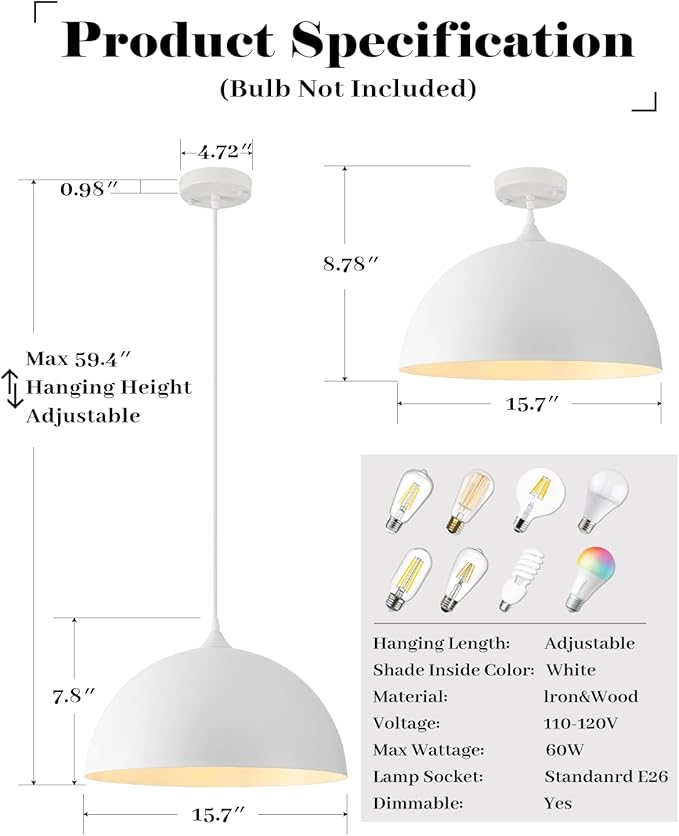 Oversize White Pendant Lights Kitchen Island, 16 Inch White Dome Pendant Light, Modern Farmhouse Pendant Light for Kitchen Island, Dining Room, Cafe, Bar, 3 Packs