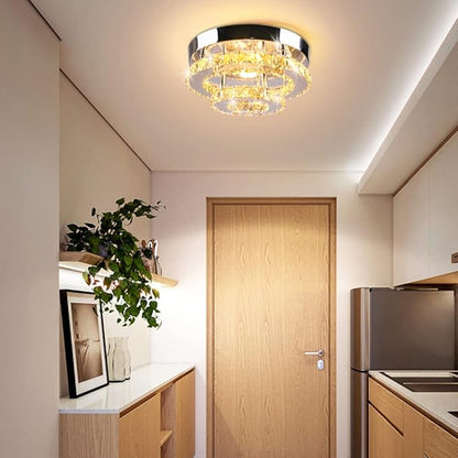 2-Tier Crystal Flush Mount Mini Chandelier Ceiling Light, 30W LED Modern Round Ceiling Fixture for Hallway Entryway Staircase Kitchen, Warm White (2500–3500K)