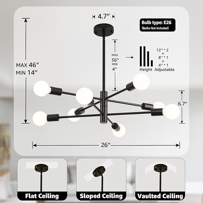 HHR Black Sputnik Light Fixture, 8-Light Modern Dining Room Chandelier, Height Adjustable Chandeliers for Kitchen Island Over Table, Mid Century Ceiling Lighting Fixture