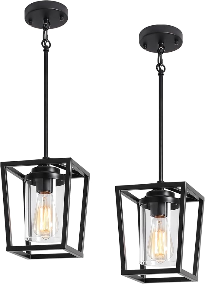 2 Pack Black Pendant Lights Kitchen Island, Farmhouse Pendant Light Fixtures with Glass Shade, Modern Kitchen Island Lighting Metal Cage Hanging Light for Hallway Entryway Dining Room Bathroom Foyer