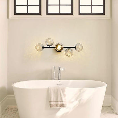 Black LED Bathroom Vanity Light: 5-Light Hammered Clear Glass Globe Bathroom Vanity Lights Fixture over Mirror - Mid Century Modern Dimmable Matte Black Bath Room Makeup Fireplace Wall Sconce Lighting