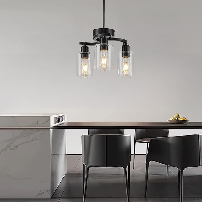 3 Lights Farmhouse Black Chandeliers Adjustable Height Hanging Modern Industrial Ceiling Pendant Lights for Kitchen Island Living Room Foyer Entry Bedroom Staircase