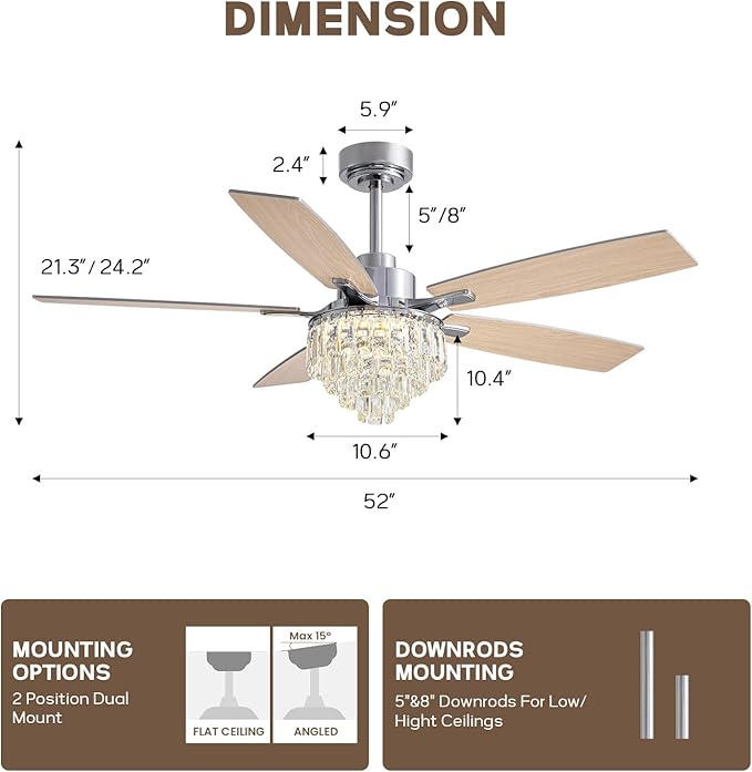 LUDOMIDE Chandelier Ceiling Fan, 52 Inch Crystal Ceiling Fan with Light, 3CCT, 6-Speed, 5-Blade Noiseless Reversible DC Motor, Remote Control, Modern Indoor Fandelier for Living Room