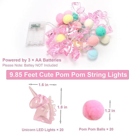9.85FT Unicorn String Lights Cute Pom Poms Fairy LED String Lights Battery Operated with Timer Decor Lights for Kids Bedroom Birthday Party Kids Playhouse Wedding Valentine's Day Christmas Decorations