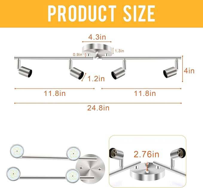 Track Lighting Kit, 4 Head Foldable Ceiling Spot Light with GU10 Socket for Kitchen Hallyway Bedroom Fixture Directional Accent Lamp