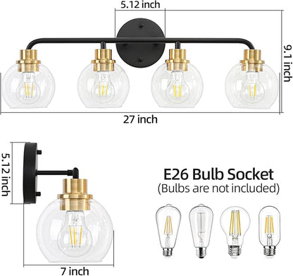 4 Light Bathroom Vanity Light, Black and Gold Bathroom Light Fixtures with Clear Glass Shade Modern Wall Sconces Lighting Bath Wall Lights Lamp for Mirror Kitchen Living Room Bedroom Hallway Cabinet
