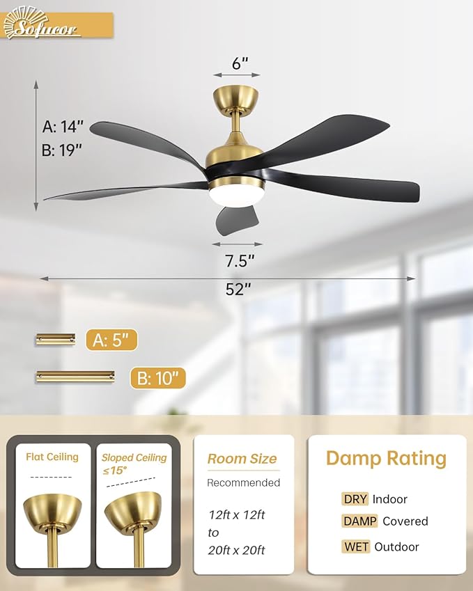 Sofucor 52" Smart Ceiling Fan, Indoor/Outdoor Ceiling Fans with Lights and Remote, Compatible with Alexa/Google/App, 3-Color Light 6-Speed Timing Reversible DC Motor for Bedroom Living Room Patio