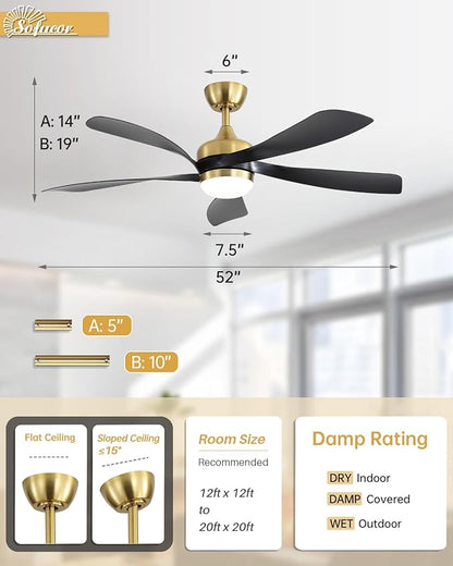 Sofucor 52" Smart Ceiling Fan, Indoor/Outdoor Ceiling Fans with Lights and Remote, Compatible with Alexa/Google/App, 3-Color Light 6-Speed Timing Reversible DC Motor for Bedroom Living Room Patio