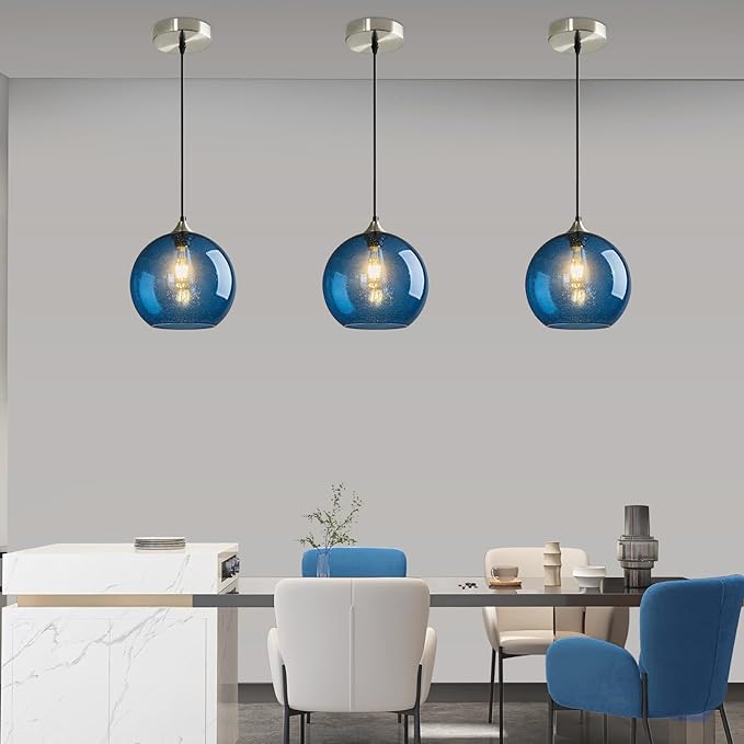 Modern 3-Pack Glass Globe Pendant Lights, Blue Modern Pendant Lighting for Kitchen Island, Clear Glass Hanging Lamps for Dining Room Living Room Bedroom, Medium 7.87 Inch Fixture (Bulbs Not Included)