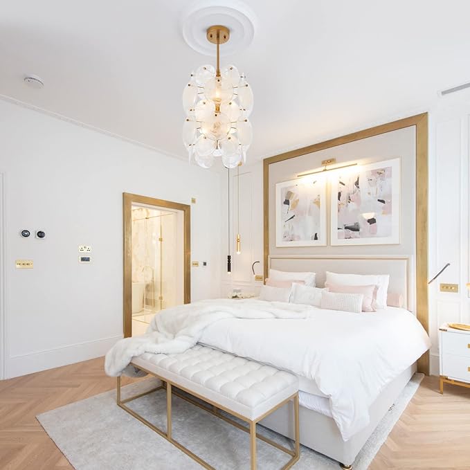 Modern Glass Chandelier for Dining Room, Gold Entryway Chandelier, 6-Light Unique Pendant Light Fixture for Bedroom Hallway Stairway Kitchen