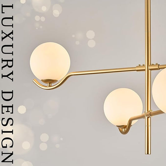 CATINER 4 Lights Modern Gold Sputnik Chandelier, L31 '' Large Mid Century Long Ceiling Pendant Light Fixtures with Milk Glass Globe Shades for High Ceiling Living Room Foyer Dining Room Bedroom