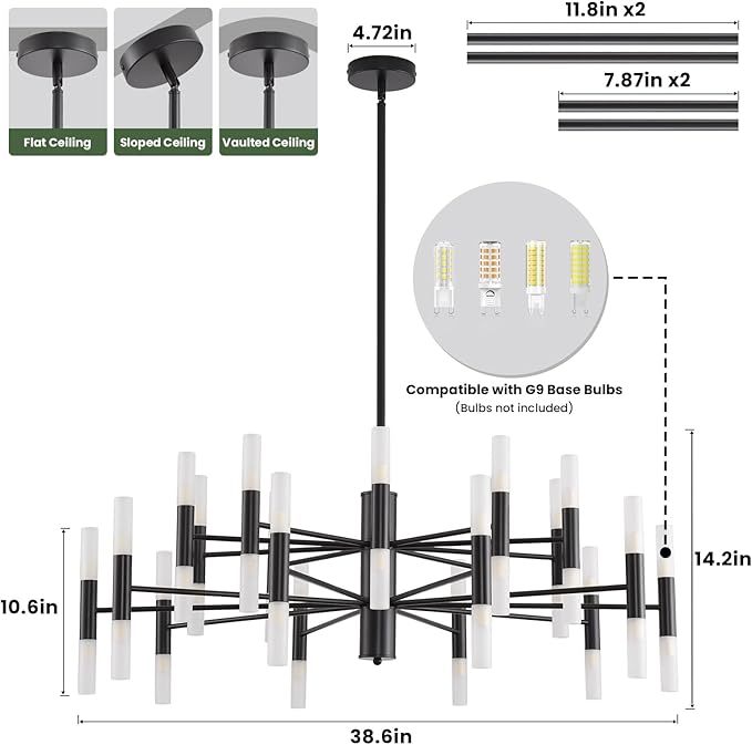 Black Modern Chandelier 40-Light, Large Farmhouse Round Candle Chandeliers with Acrylic Shades, 38.6" Dining Room Light Fixture for High Ceilings, Living Room, Foyer, Entryway, G9 Base