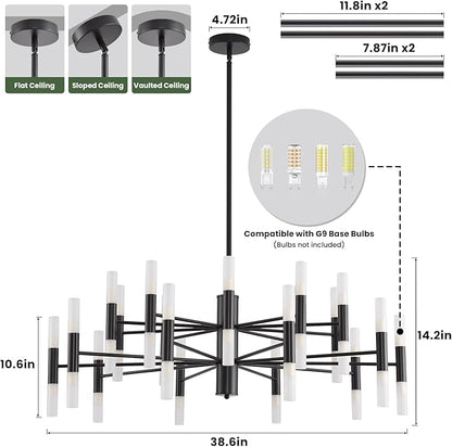 Black Modern Chandelier 40-Light, Large Farmhouse Round Candle Chandeliers with Acrylic Shades, 38.6" Dining Room Light Fixture for High Ceilings, Living Room, Foyer, Entryway, G9 Base