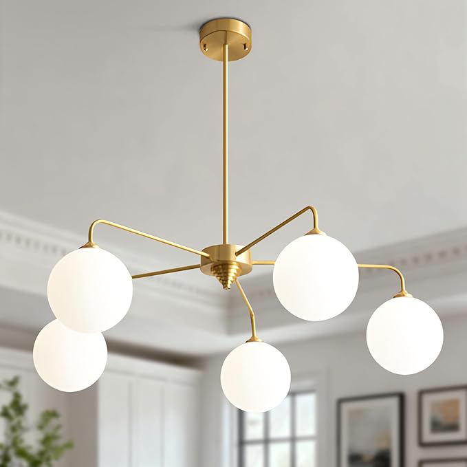 5 Light Modern Brass Chandelier Mid Century Gold Ceiling Light Fixture White Glass Globe Sputnik Chandelier for Dining Room Bedroom Kitchen