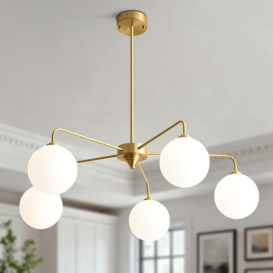 5 Light Modern Brass Chandelier Mid Century Gold Ceiling Light Fixture White Glass Globe Sputnik Chandelier for Dining Room Bedroom Kitchen
