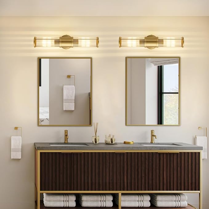 Gold Wall Sconce Bathroom Vanity Light Fixtures for Mirror, Modern Wall Light with Glass Rod Shade for Bathroom, Bedroom, Hallway, Living Room - Bulb Not Included