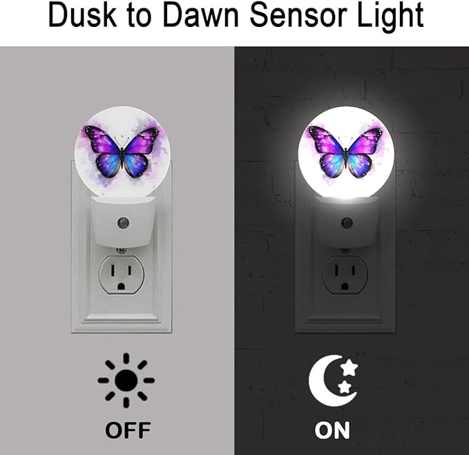 Purple Butterfly Night Light Plug Into Wall Auto Led Sleep Round Lamp for Living Room Hallway Stairs