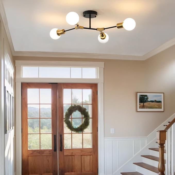 Modern Semi Flush Mount Ceiling Light,Mid Century 4 Light Lighting Fixture for Dining Room Bedroom Kitchen Foyer Entryway Hallway Laundry,Metal Gold and Black Sputnik Chandelier