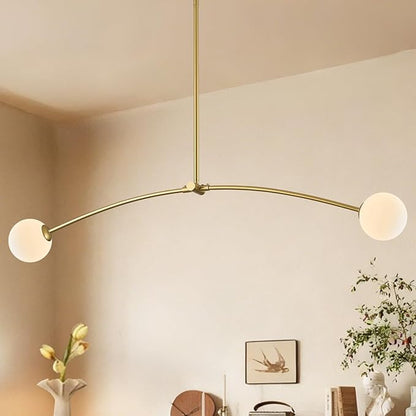 Mid Century Chandelier L45” Modern Gold Sputnik Light Fixture 2 Lights Milk Glass Globe Ceiling Pendant Lighting Contemporary for Kitchen Island Dining Room Home Office Bar