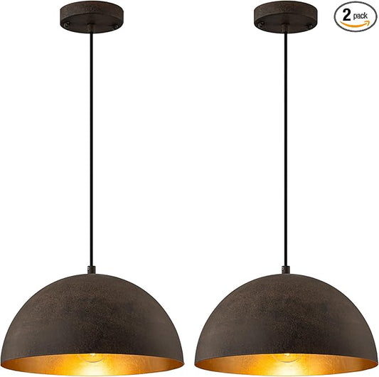 Farmhouse Pendant Light,11.8" Black with Brown Grain Industrial Dome Chandelier 2 Pack,Adjustable Vintage Pendant Lights Kitchen Island for Dining Room,Bedroom,Hallway