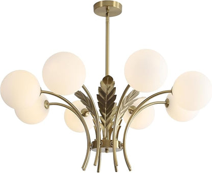 BOKT Gold Semi Flush Mount Ceiling Light Fixture 8 Ball Brass Milk Glass Sphere Sputnik Farmhouse Chandelier Hanging Kitchen Lights for Bedroom Living and Dining Room