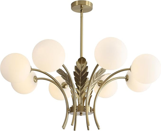 BOKT Gold Semi Flush Mount Ceiling Light Fixture 8 Ball Brass Milk Glass Sphere Sputnik Farmhouse Chandelier Hanging Kitchen Lights for Bedroom Living and Dining Room