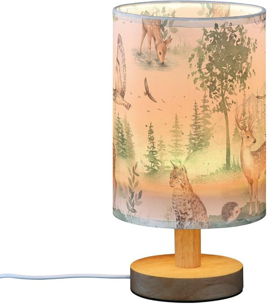 Bedside Table Lamp Woodland Animals Nightstand Lamp with Wood Forest Deer Owl Lynx Hedgehog Ermine Tree Desk Lamps for Bedroom Living Room Nursery Office Home Decor