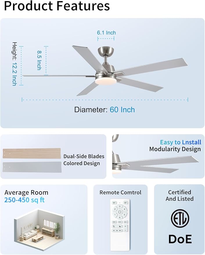 Rayqueen 60 Inch Ceiling Fans with Lights and Remote, 6 Speed Reversible DC Motor, 3CCT Dimmable LED, Modern Brushed Nickel Ceiling Fan for Bedroom, Living room & Covered Outdoor,Includes Downrod