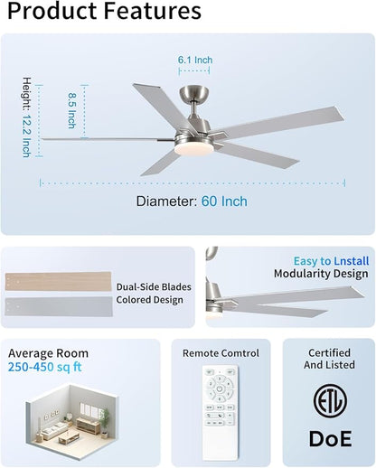 Rayqueen 60 Inch Ceiling Fans with Lights and Remote, 6 Speed Reversible DC Motor, 3CCT Dimmable LED, Modern Brushed Nickel Ceiling Fan for Bedroom, Living room & Covered Outdoor,Includes Downrod