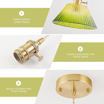 Vintage Pendant Lights Kitchen Island 3 Pack, Adjustable Brass Pendant Light Fixtures with Gradient Green Glass Shade, Gold Kitchen Pendant Lighting Over Island, Pendant Light for Dining Room Hallway
