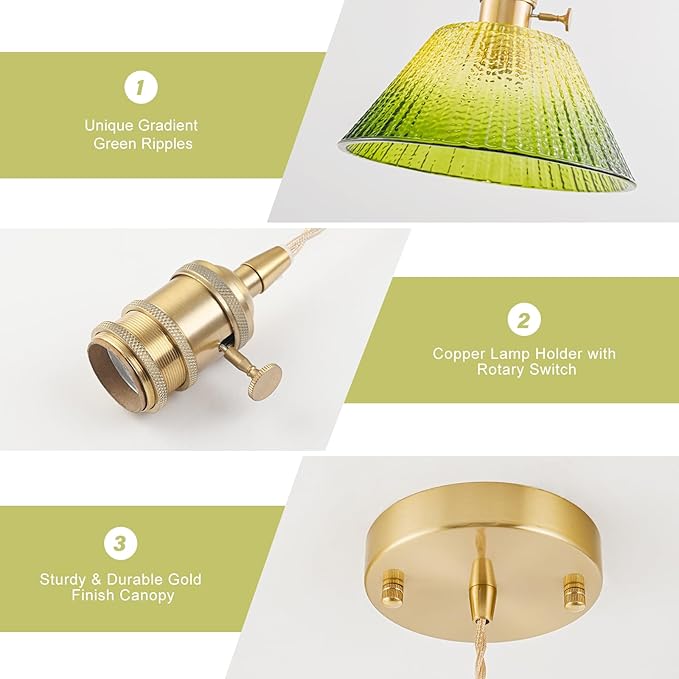 Vintage Pendant Lights Kitchen Island 2 Pack, Adjustable Brass Pendant Light Fixtures with Gradient Green Glass Shade, Gold Kitchen Pendant Lighting Over Island, Pendant Light for Dining Room Hallway