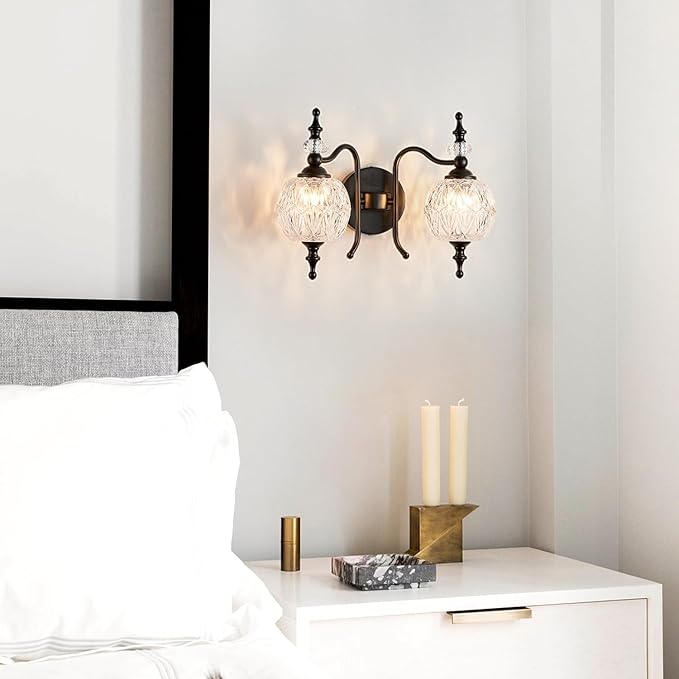 Vintage Crystal Bathroom Wall Sconces Black 2-Light Antique Vanity Light Fixtures Retro Wall Sconce Light with Crystal Glass Shade for Bathroom Bedroom Dinning Room