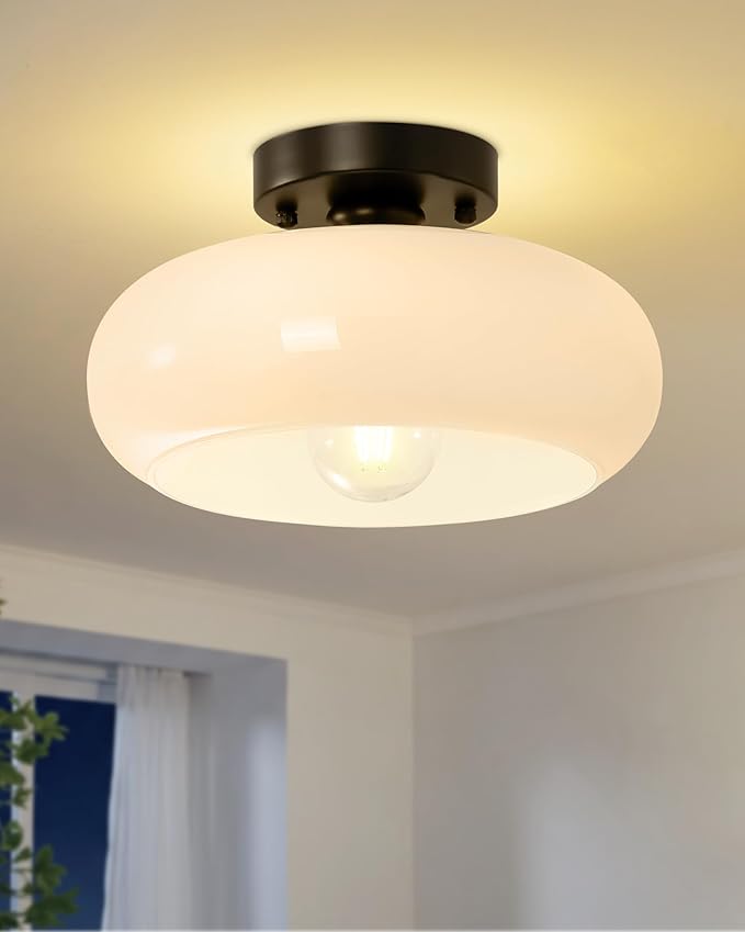 Yunnix Semi Flush Mount Ceiling Light, Black Light Fixture, Mid-Century Modern Farmhouse Milk Glass Small Light Fixtures for Hallway, Bathroom, Kitchen, Bedroom, Living Room, Closet, Laundry(11 Inch)