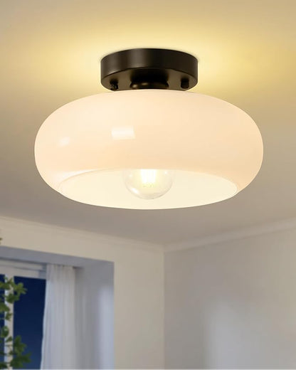 Yunnix Semi Flush Mount Ceiling Light, Black Light Fixture, Mid-Century Modern Farmhouse Milk Glass Small Light Fixtures for Hallway, Bathroom, Kitchen, Bedroom, Living Room, Closet, Laundry(11 Inch)