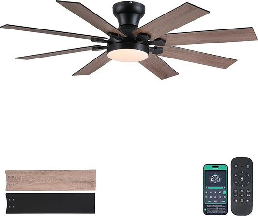 52" Low Profile Ceiling Fans with Lights and Remote, Modern Outdoor Ceiling Fans with 3 Colors 6 Speeds, Flush Mount Ceiling Fan Light with Reversible DC Motor