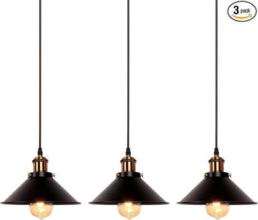 Industrial Retro Black Iron Kitchen Restaurant Bar Balcony Hanging Pendant Light (3 Pack)