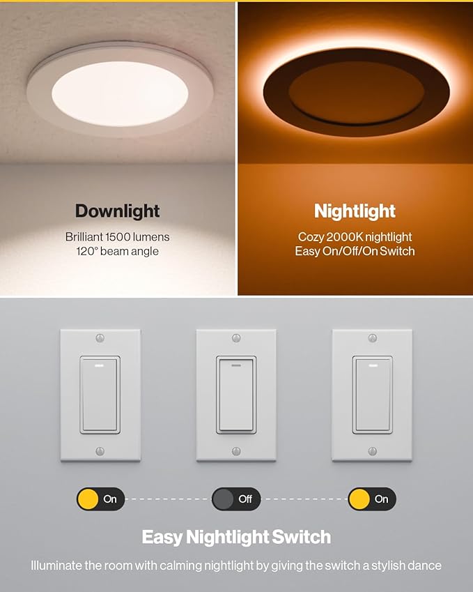 Sunco 24 Pack 6 Inch LED Recessed Light with Night Light, Canless Recessed Lighting, 1500 LM, 15W (150W Equivalent), Selectable CCT 2700K/3000K/4000K/5000K/6000K, Dimmable, with Junction Box