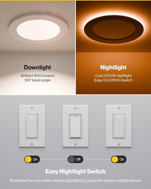 Sunco 24 Pack 6 Inch LED Recessed Light with Night Light, Canless Recessed Lighting, 1500 LM, 15W (150W Equivalent), Selectable CCT 2700K/3000K/4000K/5000K/6000K, Dimmable, with Junction Box