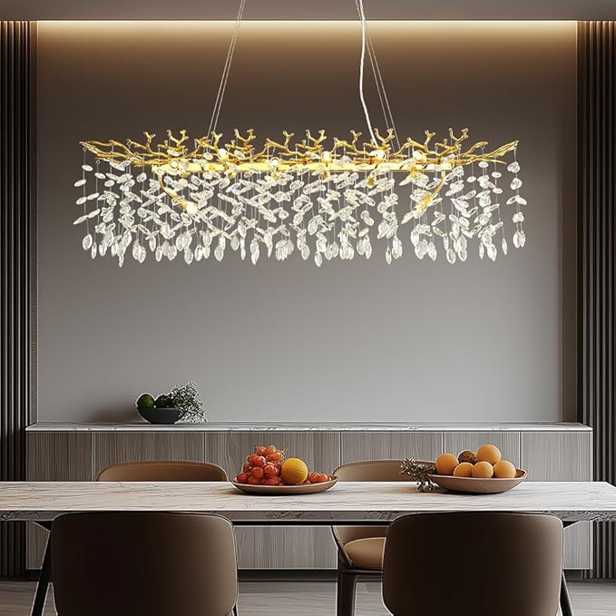 Modern Crystal Tree Branches Chandelier, 47.5in Gold 14 Lights Large Ceiling Hanging Light for Dining Room, Rectangle Raindrop Pendant Light Fixture